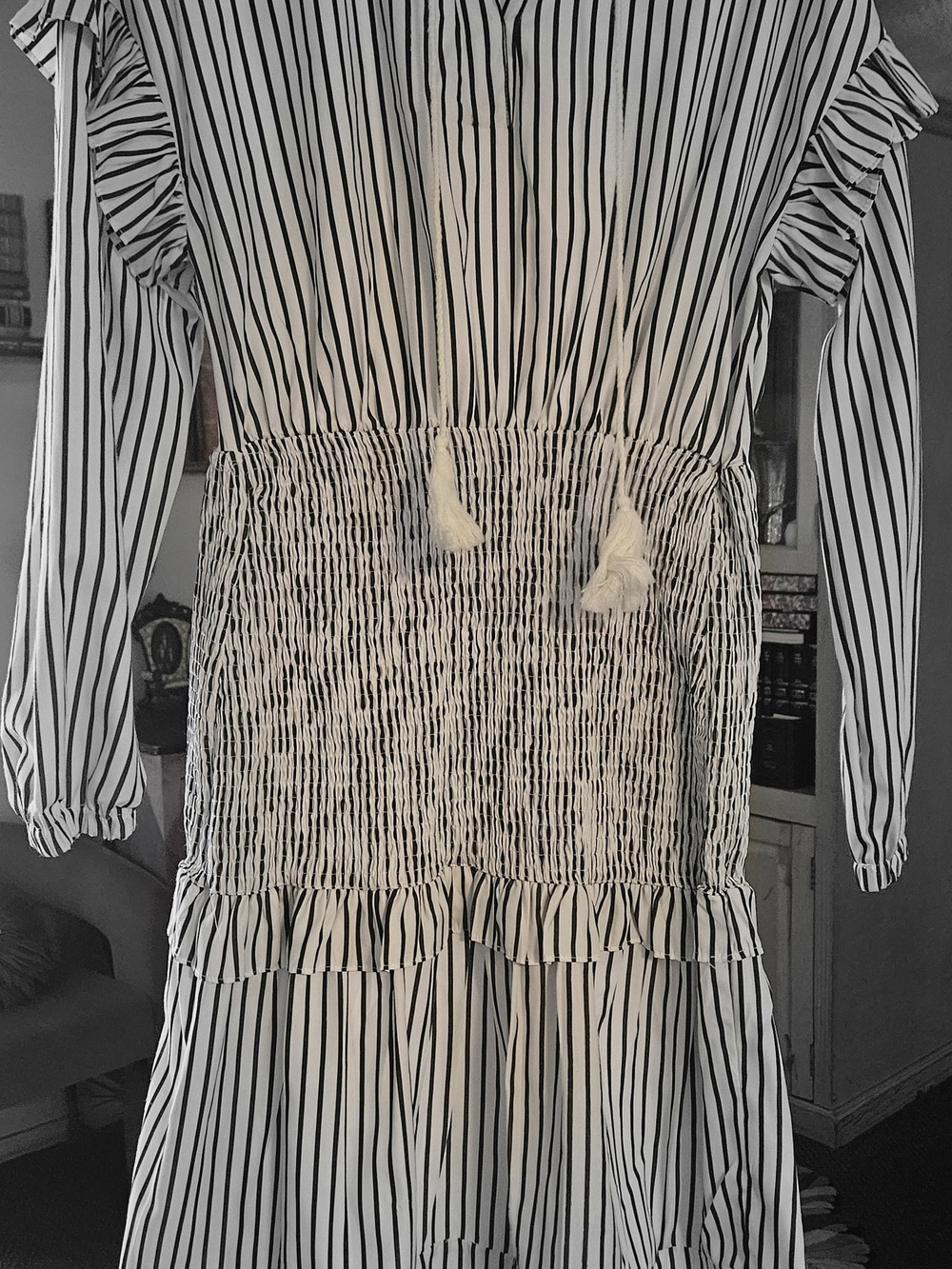 Smocked Waist Long Sleeve Striped Dress - White/Blue